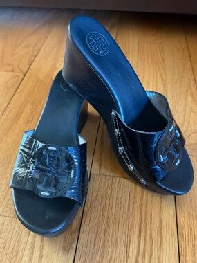 Tory Burch Black Patent Leather Wedge Mules with Logo Medallion